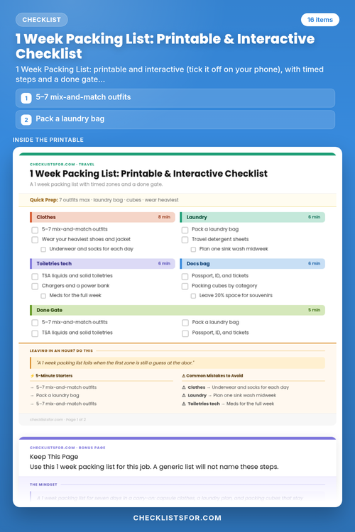 1 Week Packing List: Printable & Interactive Checklist cover, interactive checklist
