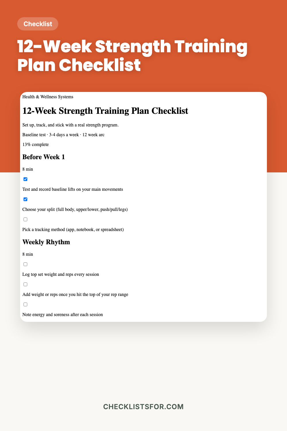 12-Week Strength Training Plan Checklist