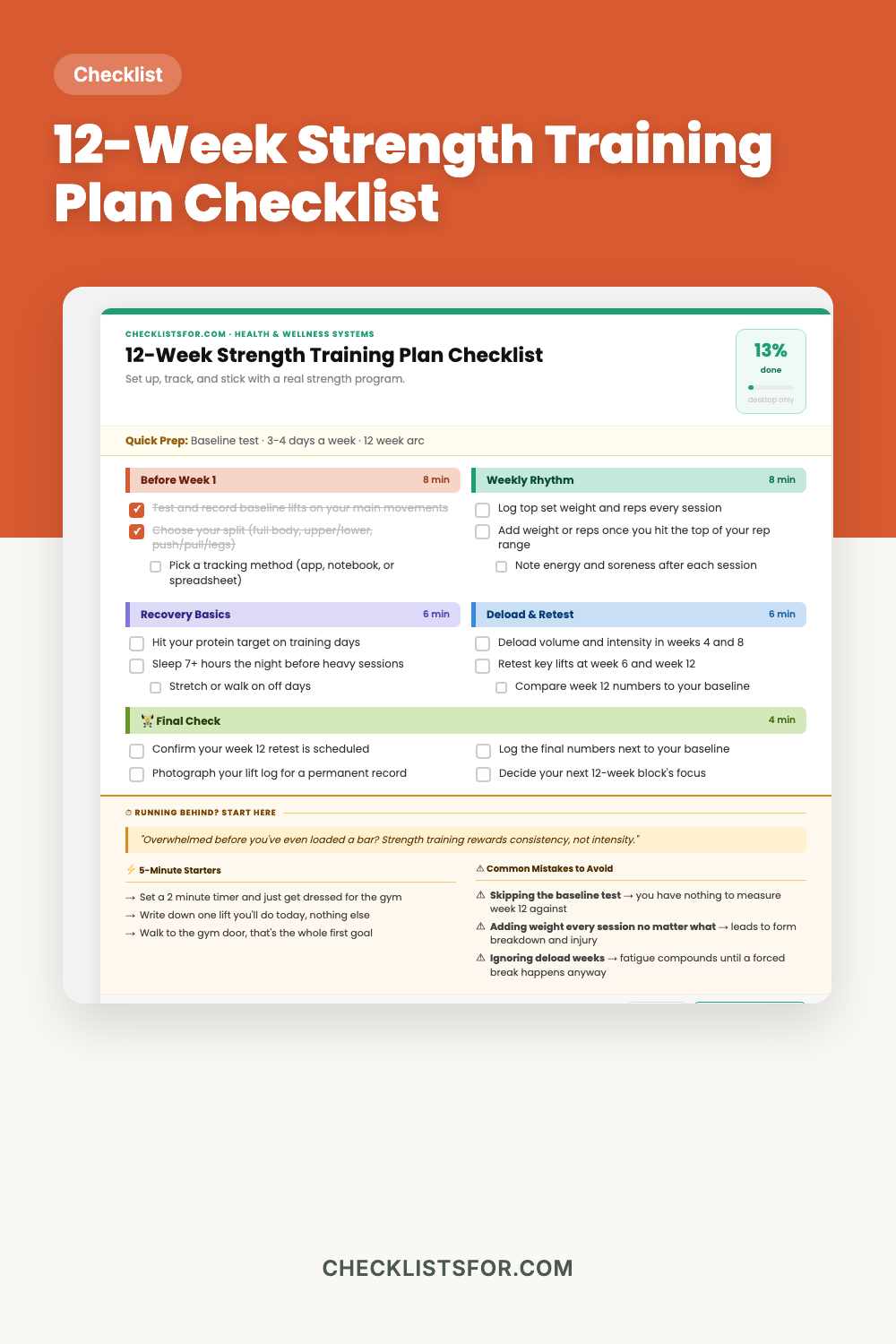 12-Week Strength Training Plan Checklist cover, gym progress tracker