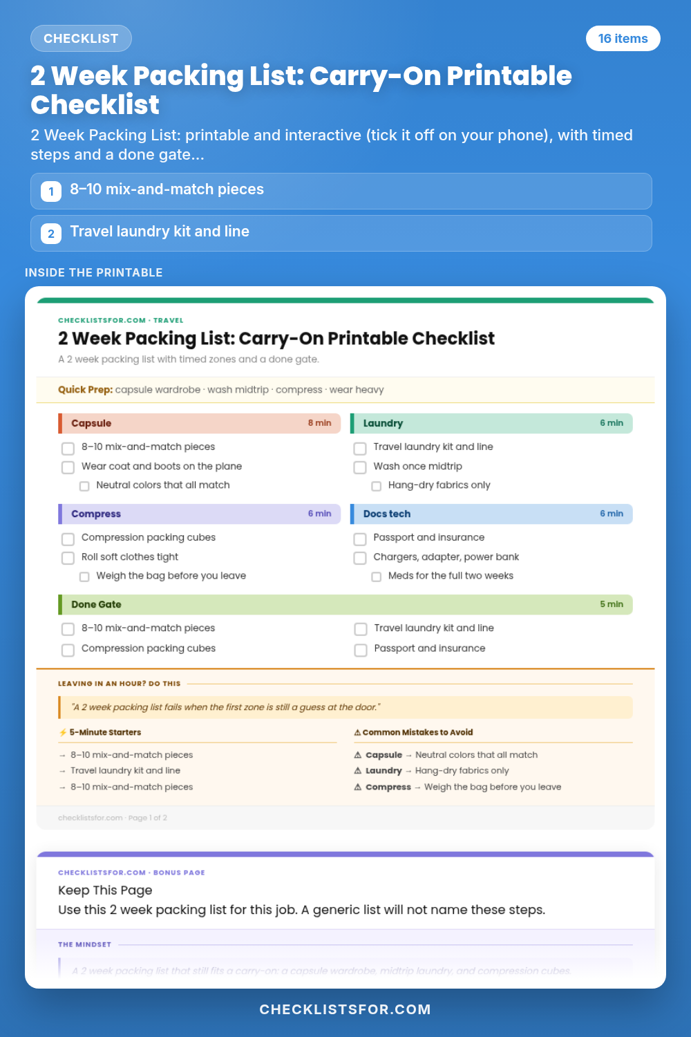 2 Week Packing List: Carry-On Printable Checklist
