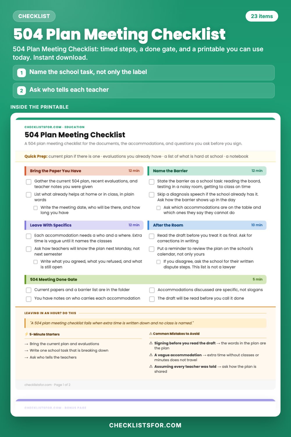 504 Plan Meeting Checklist cover, interactive checklist