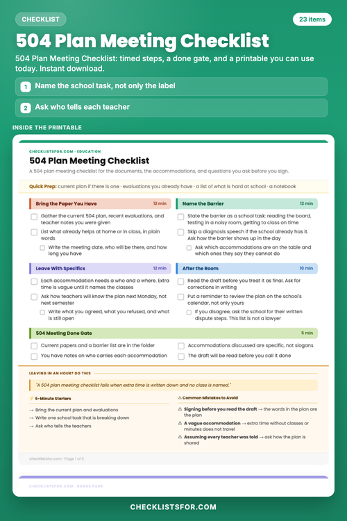 504 Plan Meeting Checklist cover, interactive checklist