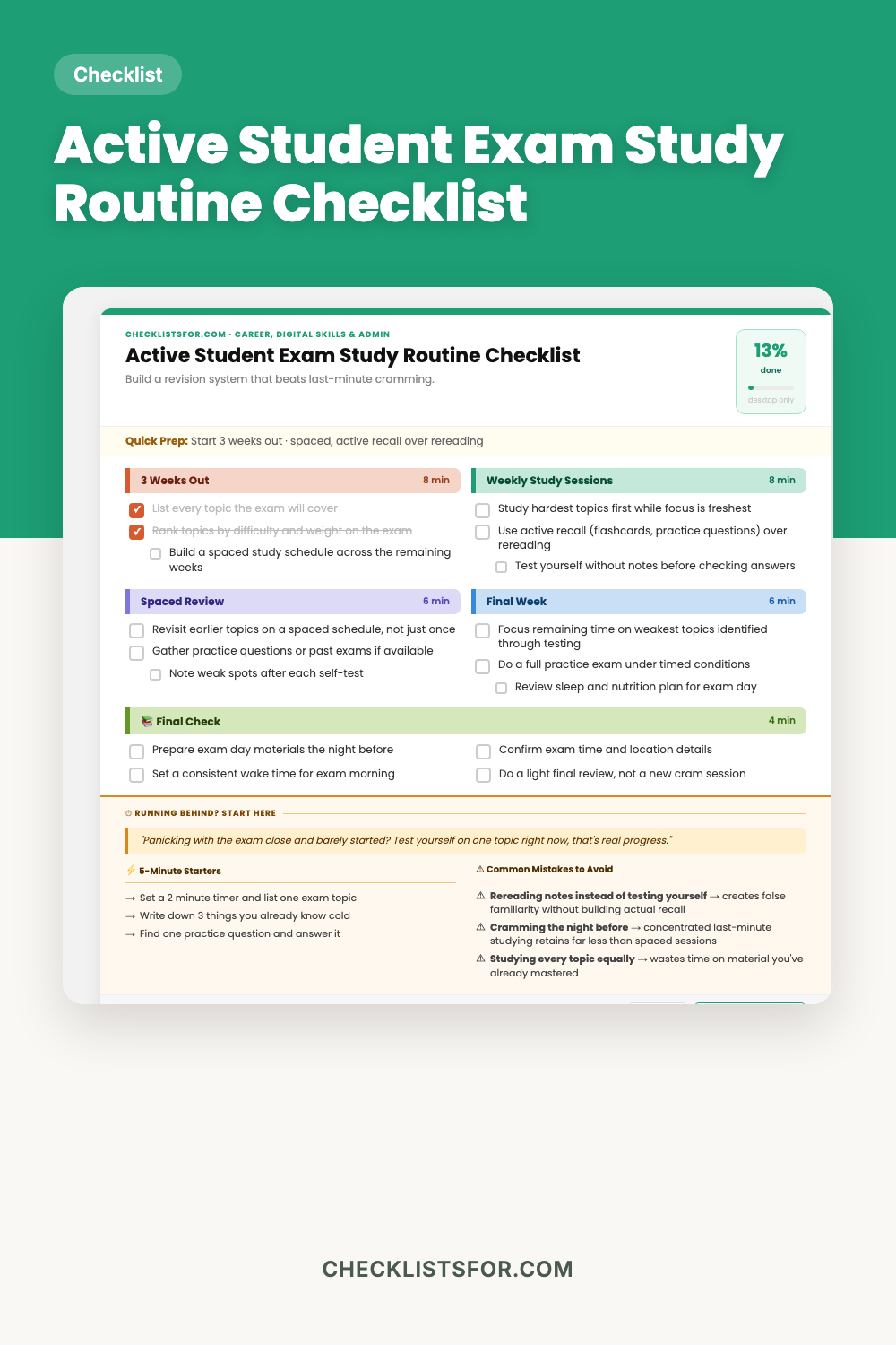 Active Student Exam Study Routine Revision Checklist cover