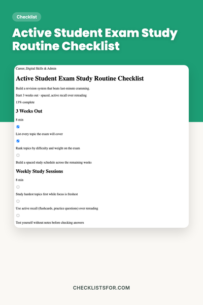 Active Student Exam Study Routine Checklist