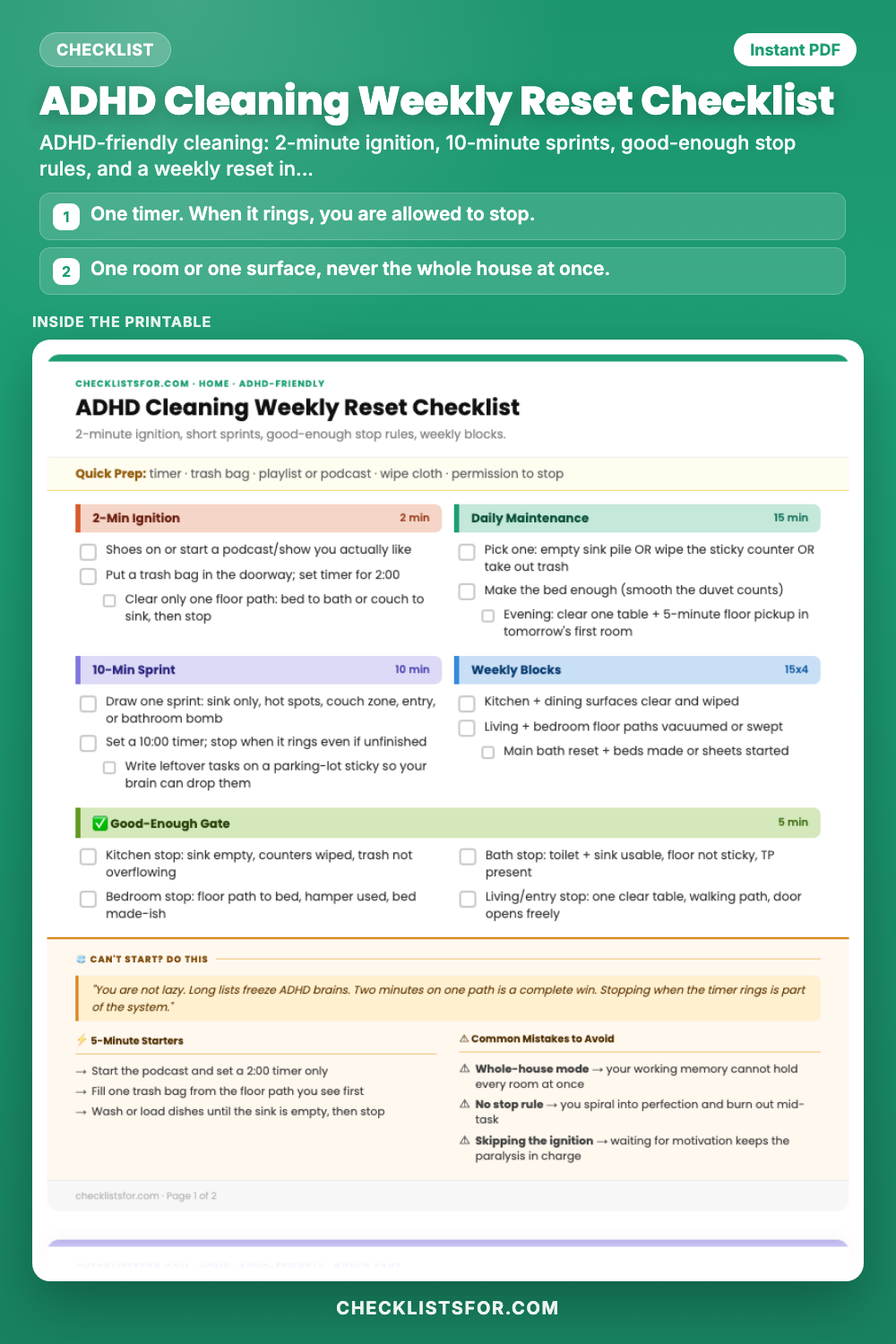 ADHD Cleaning Weekly Reset Checklist cover, short timed lists