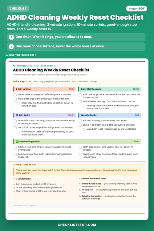 ADHD Cleaning Weekly Reset Checklist cover, short timed lists