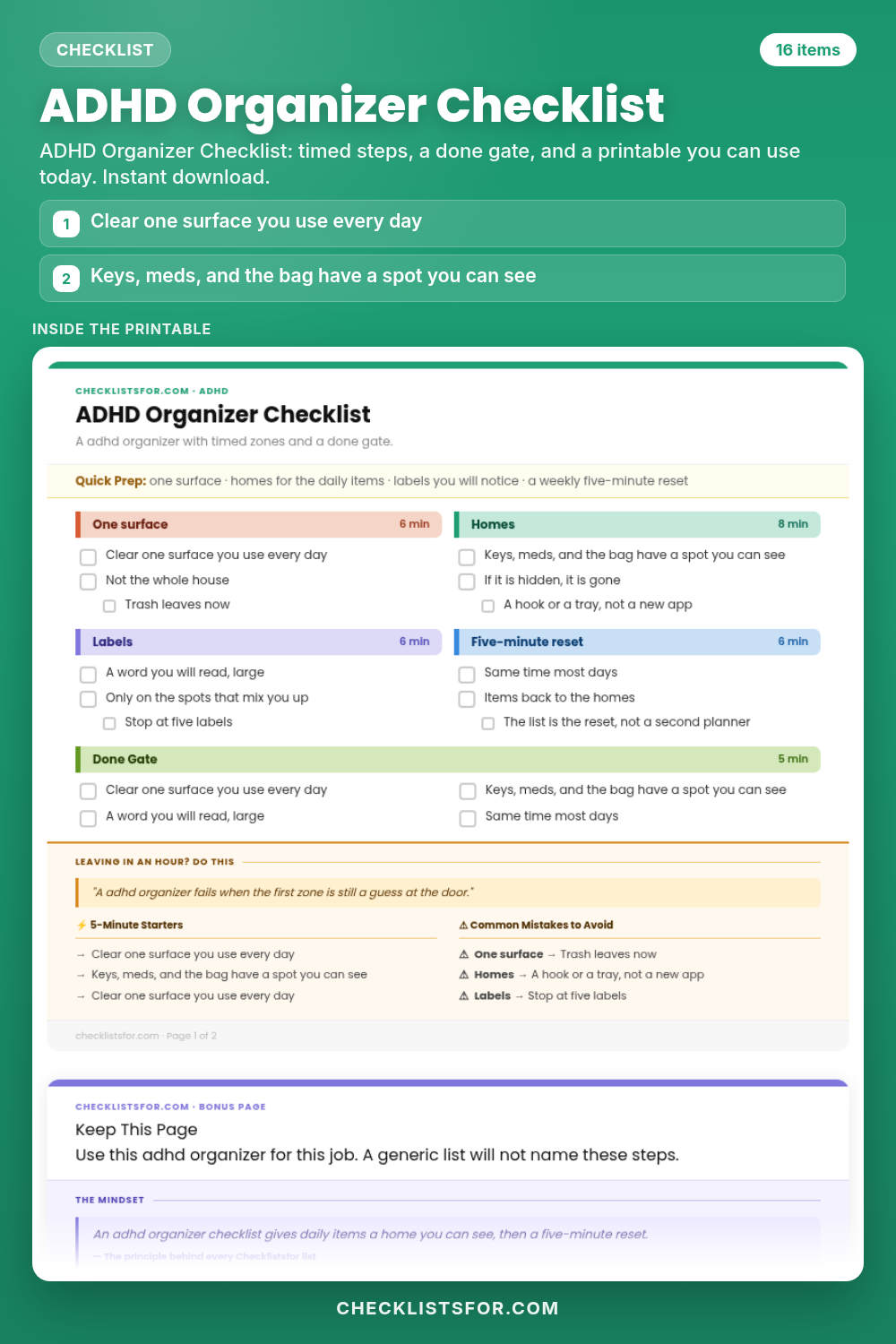 ADHD Organizer Checklist cover, interactive checklist