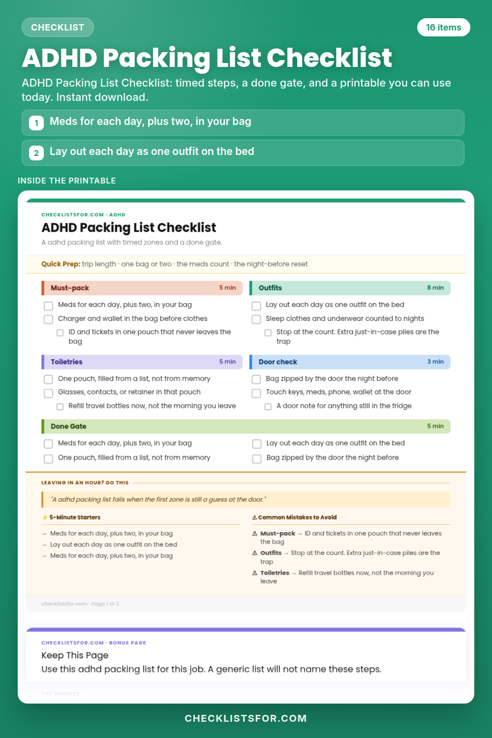 ADHD Packing List Checklist cover, interactive checklist