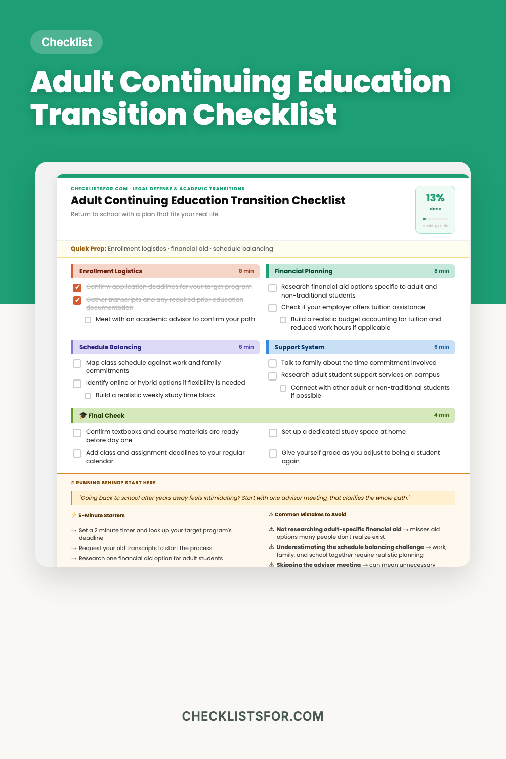 Adult Continuing Education & Back-to-School University Transition Checklist cover