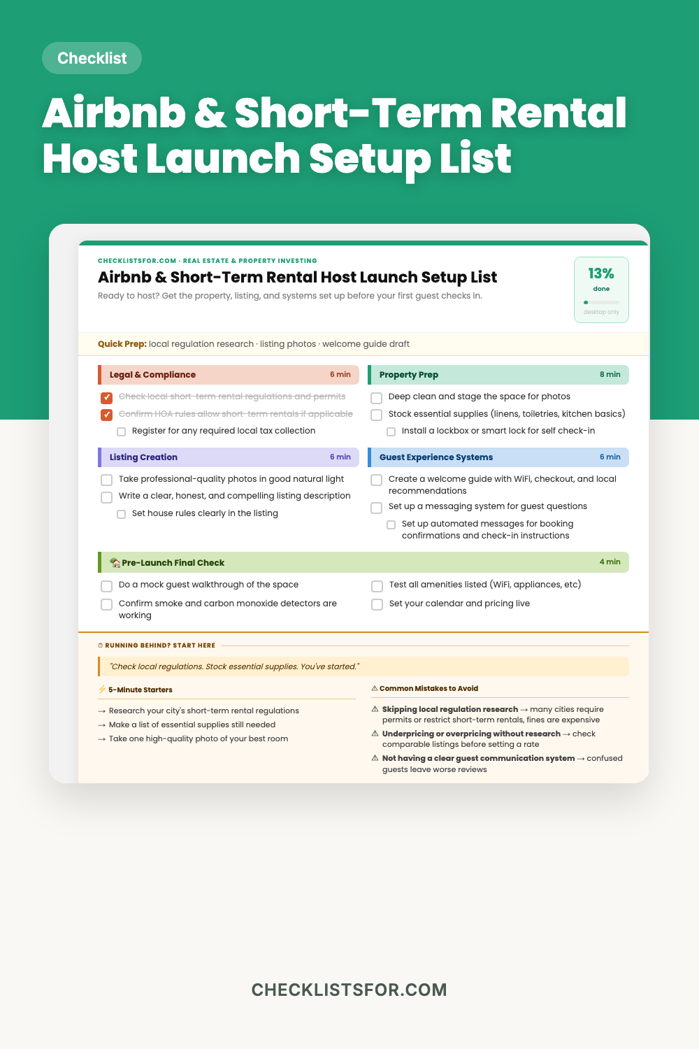 Airbnb & Short-Term Rental Host Launch Setup List cover, interactive checklist