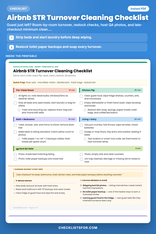 Airbnb STR Turnover Cleaning Checklist cover, interactive checklist