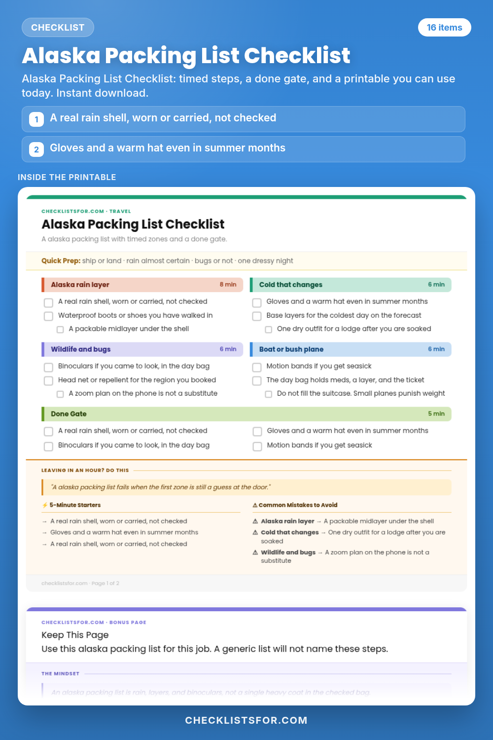 Alaska Packing List Checklist cover, interactive checklist