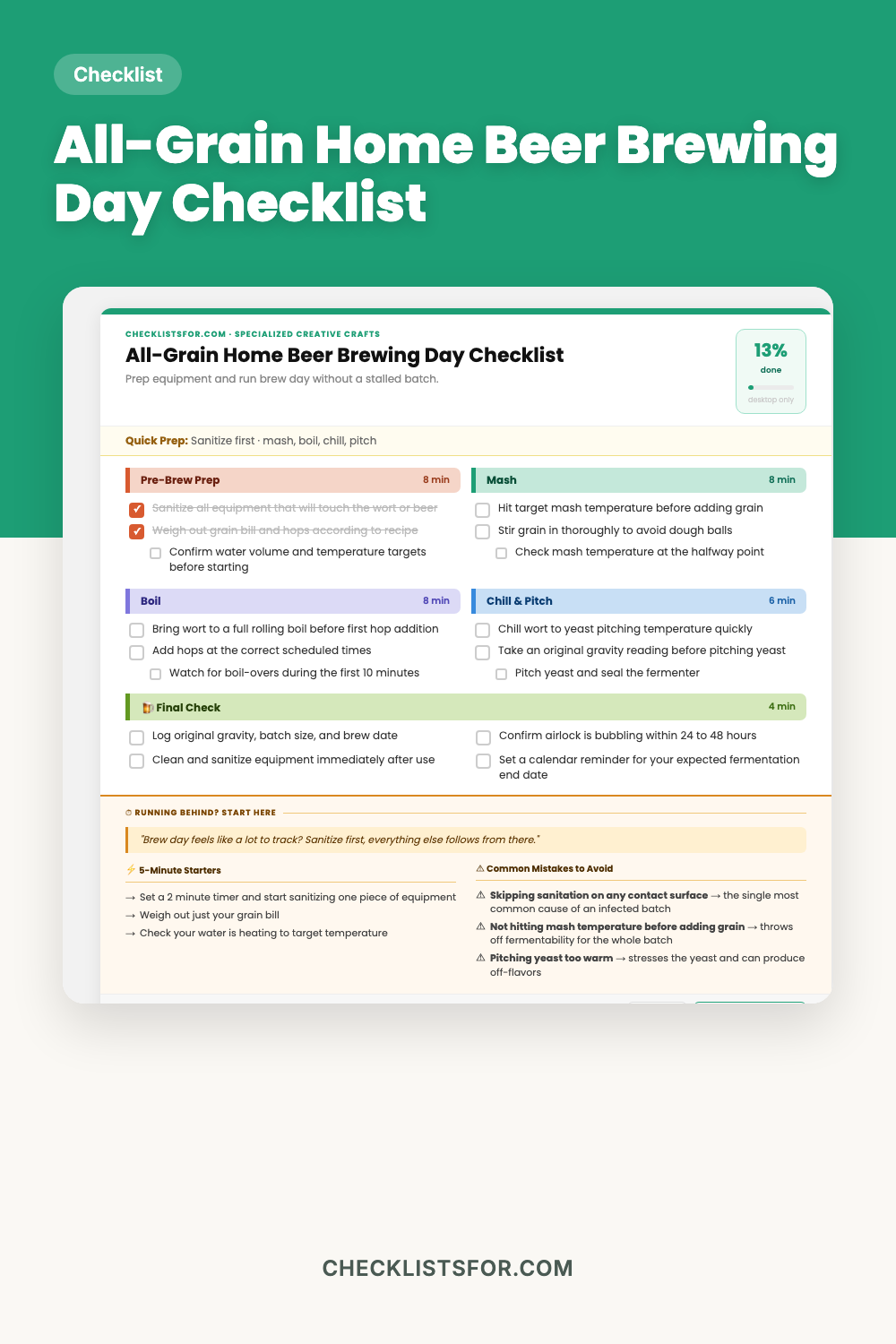 All-Grain Home Beer Brewing Day Checklist cover, equipment prep tracker