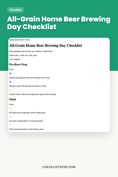 All-Grain Home Beer Brewing Day Checklist