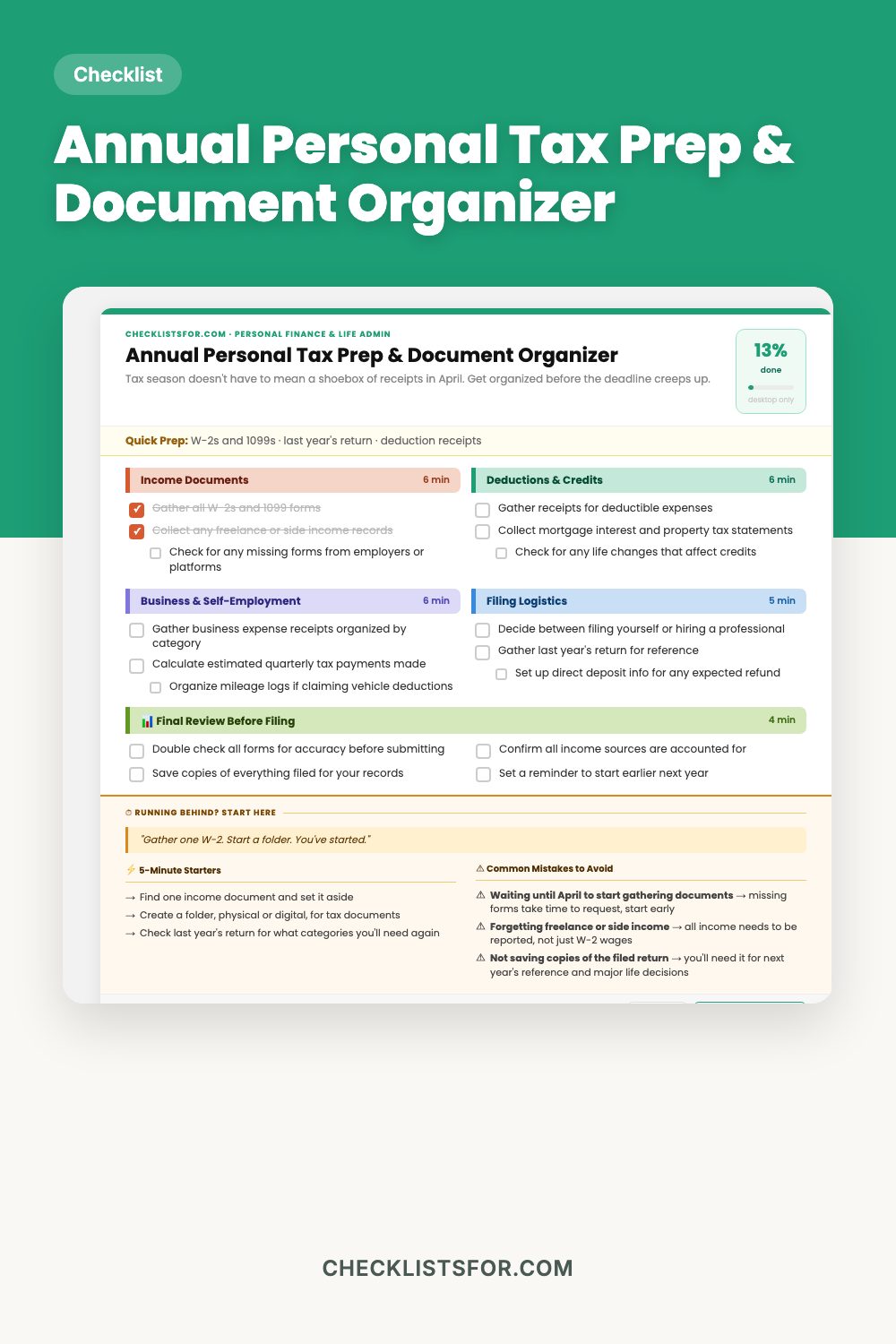 Annual Personal Tax Prep & Document Organizer cover, interactive checklist