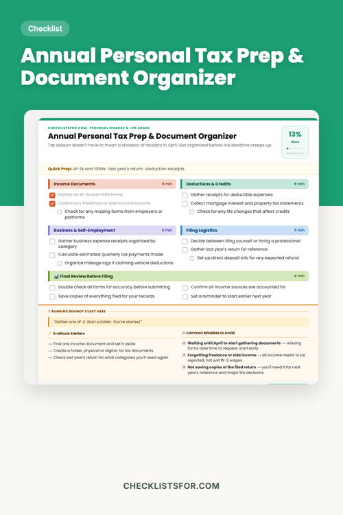 Annual Personal Tax Prep & Document Organizer cover, interactive checklist