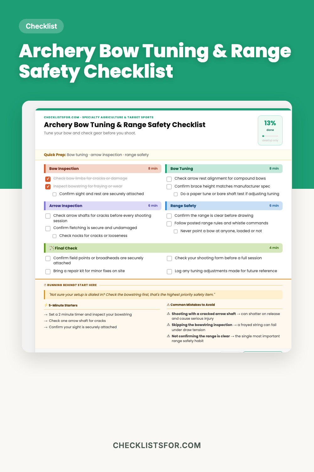 Archery Bow Tuning, Field Gear & Range Safety Inspection Checklist cover