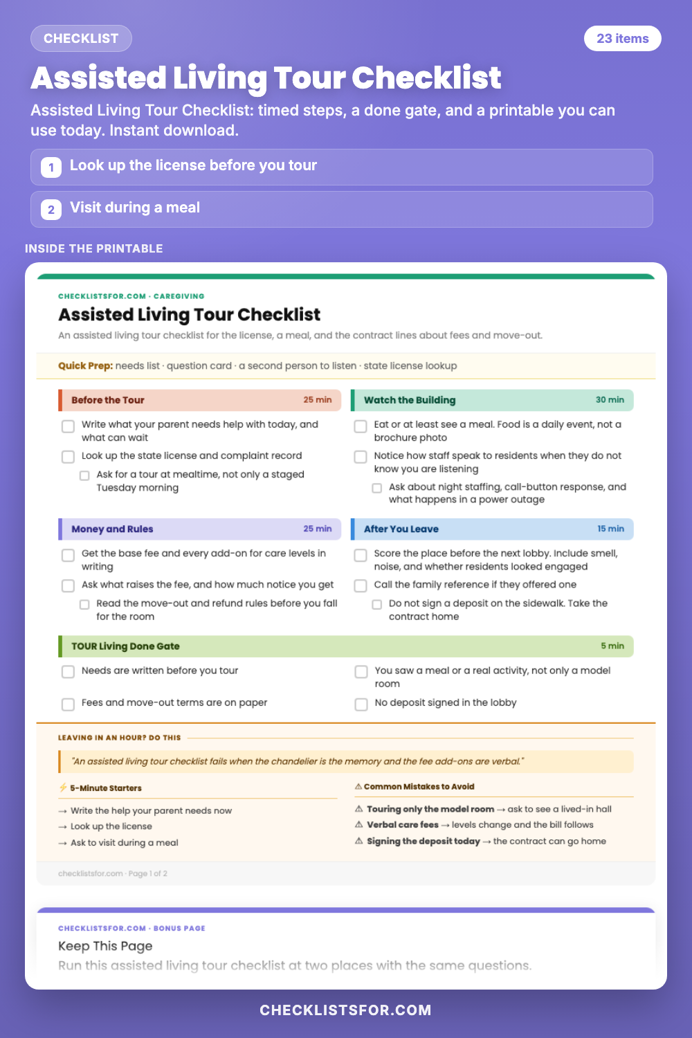 Assisted Living Tour Checklist cover, interactive checklist
