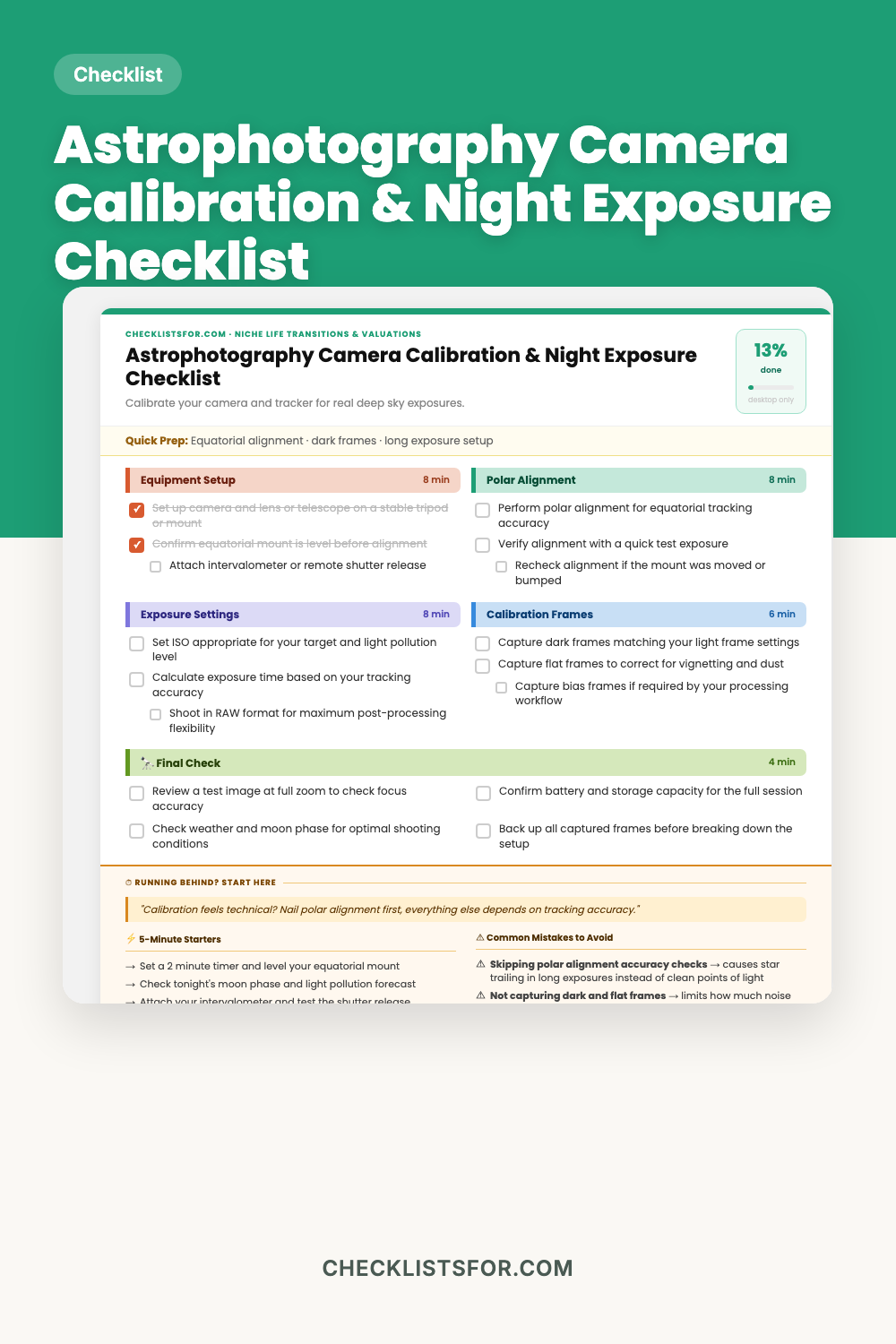 Astrophotography Camera Calibration, Tracker & Night Exposure Setup Checklist cover