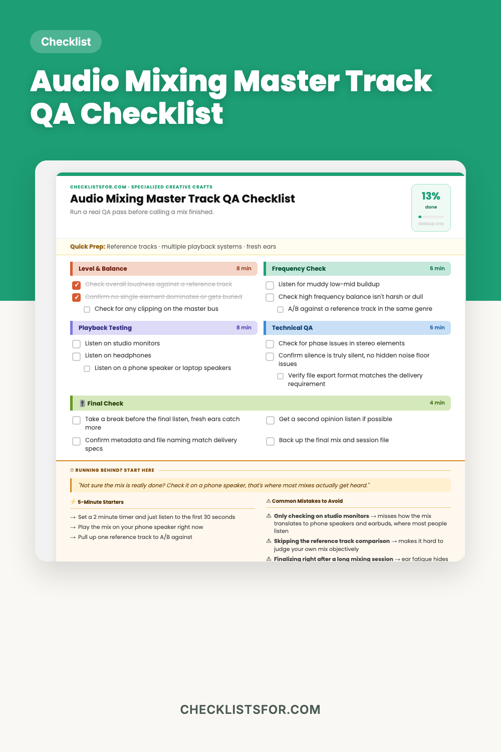 Audio Mixing Master Track Quality Assurance Checklist cover, studio protocol tracker