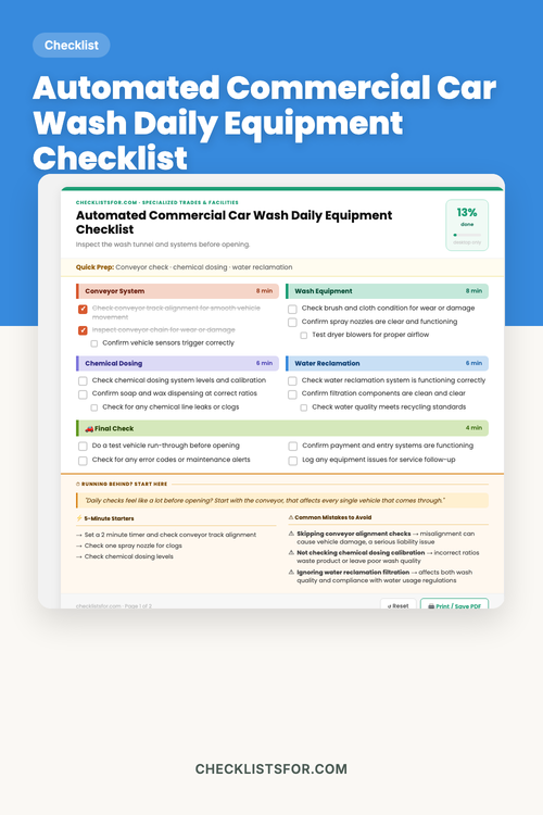 Automated Commercial Car Wash Daily Equipment Inspection Checklist cover