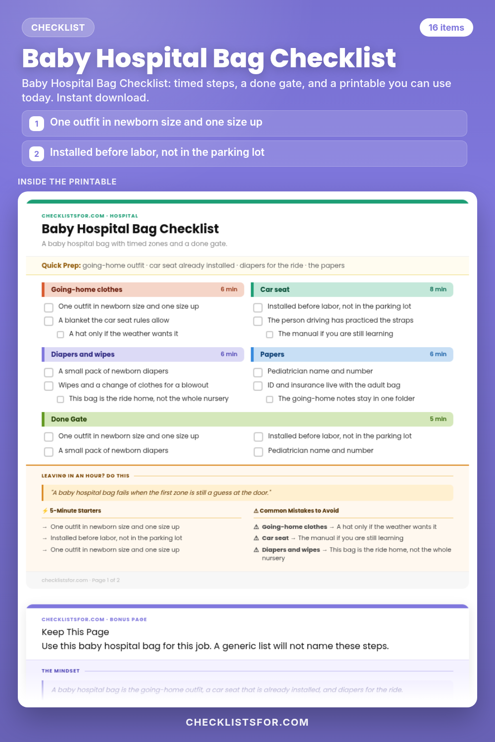 Baby Hospital Bag Checklist cover, interactive checklist