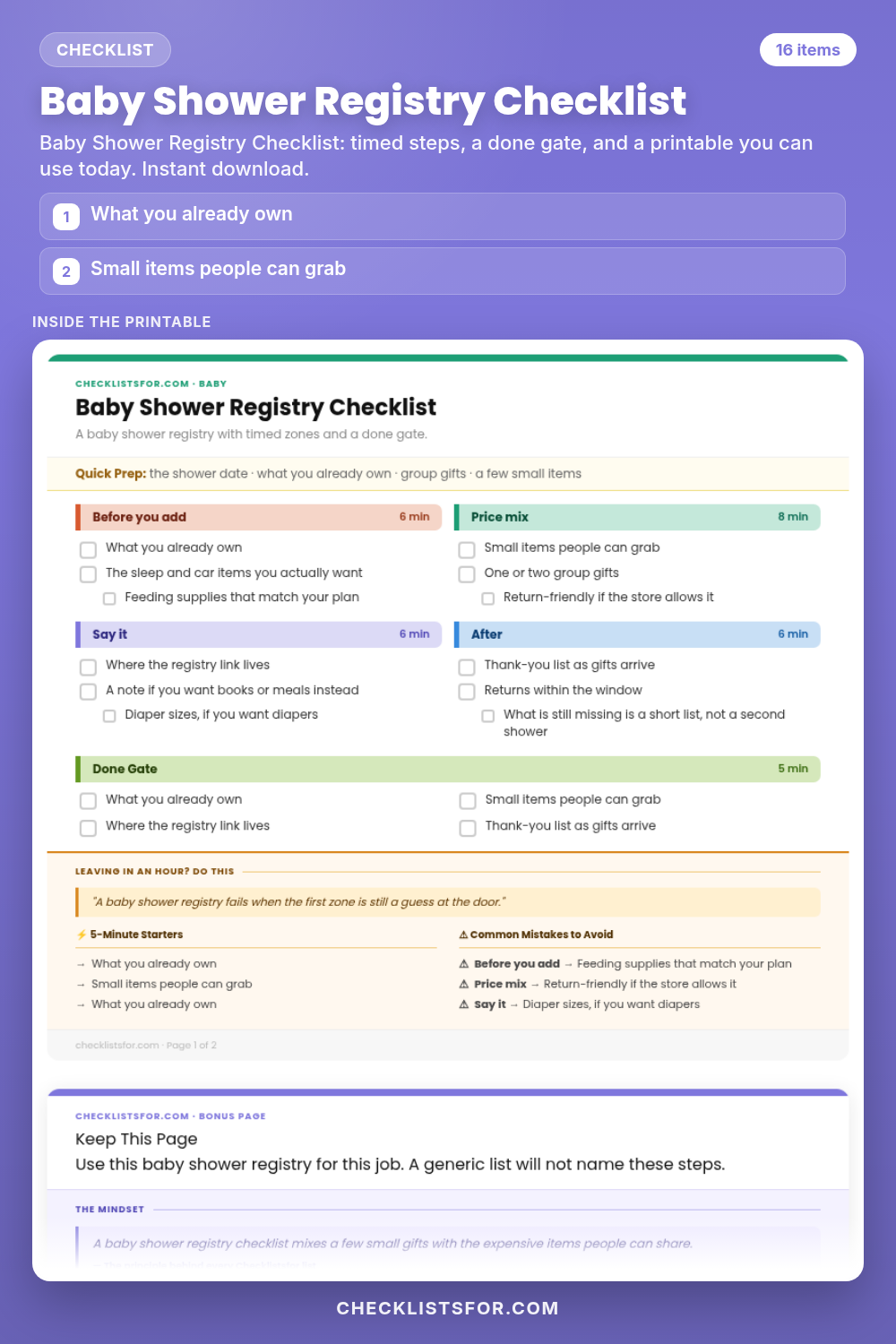 Baby Shower Registry Checklist cover, interactive checklist