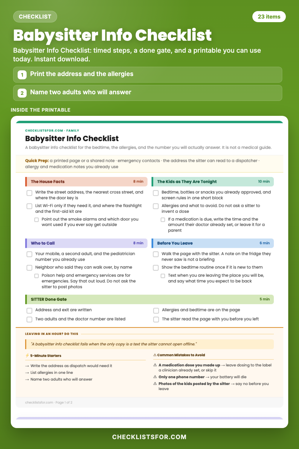 Babysitter Info Checklist cover, interactive checklist