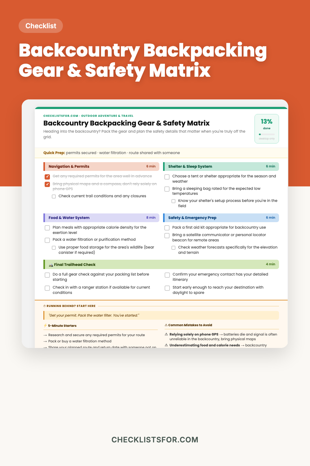 Backcountry Backpacking Gear & Safety Matrix cover, interactive checklist