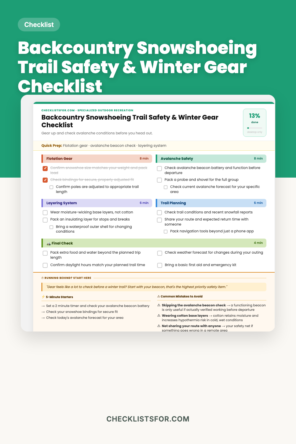 Backcountry Snowshoeing Trail Safety & Winter Gear Checklist