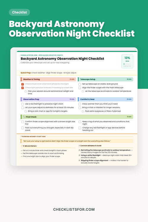 Backyard Astronomy Observation Night Checklist cover, telescope calibration tracker