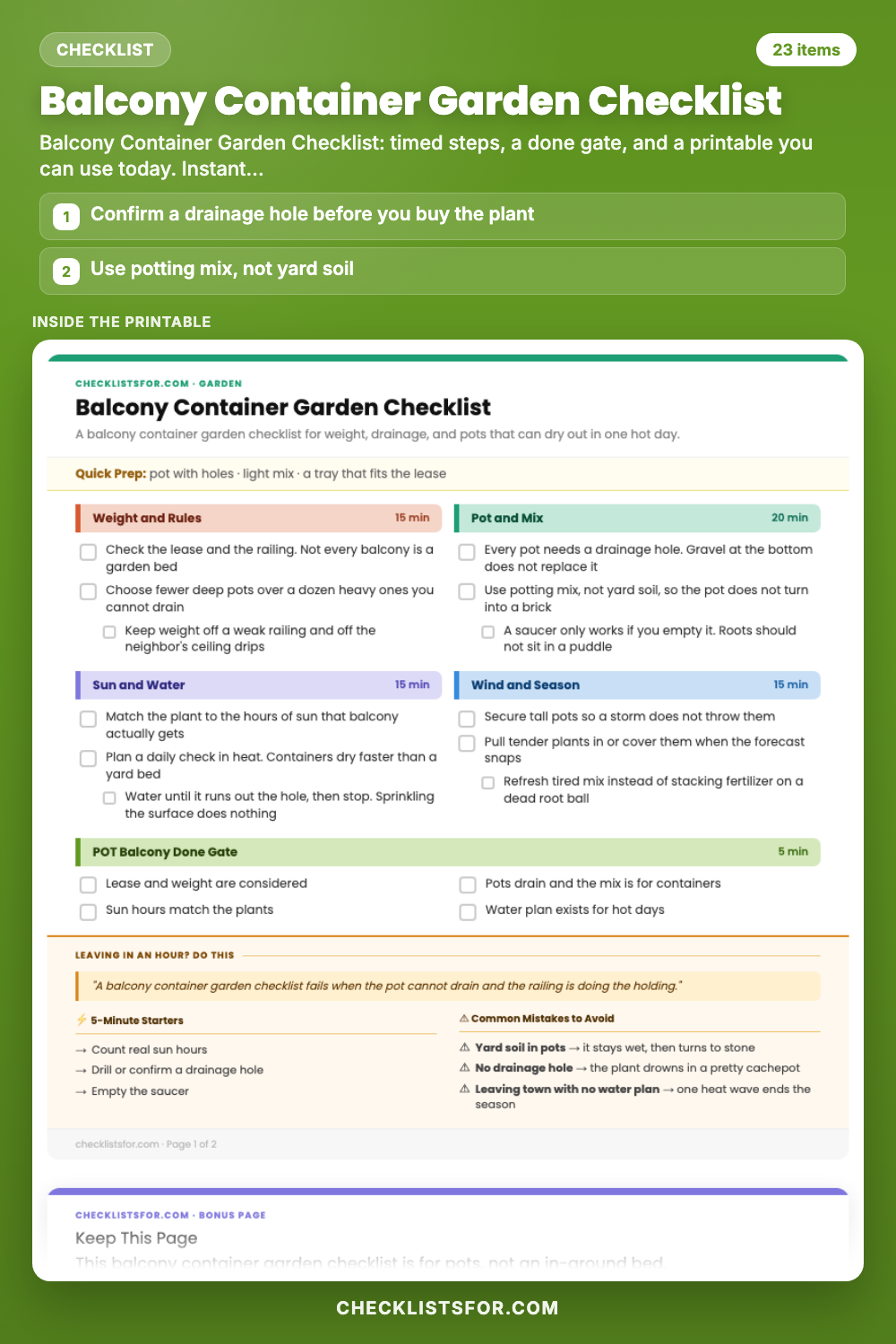 Balcony Container Garden Checklist cover, interactive checklist