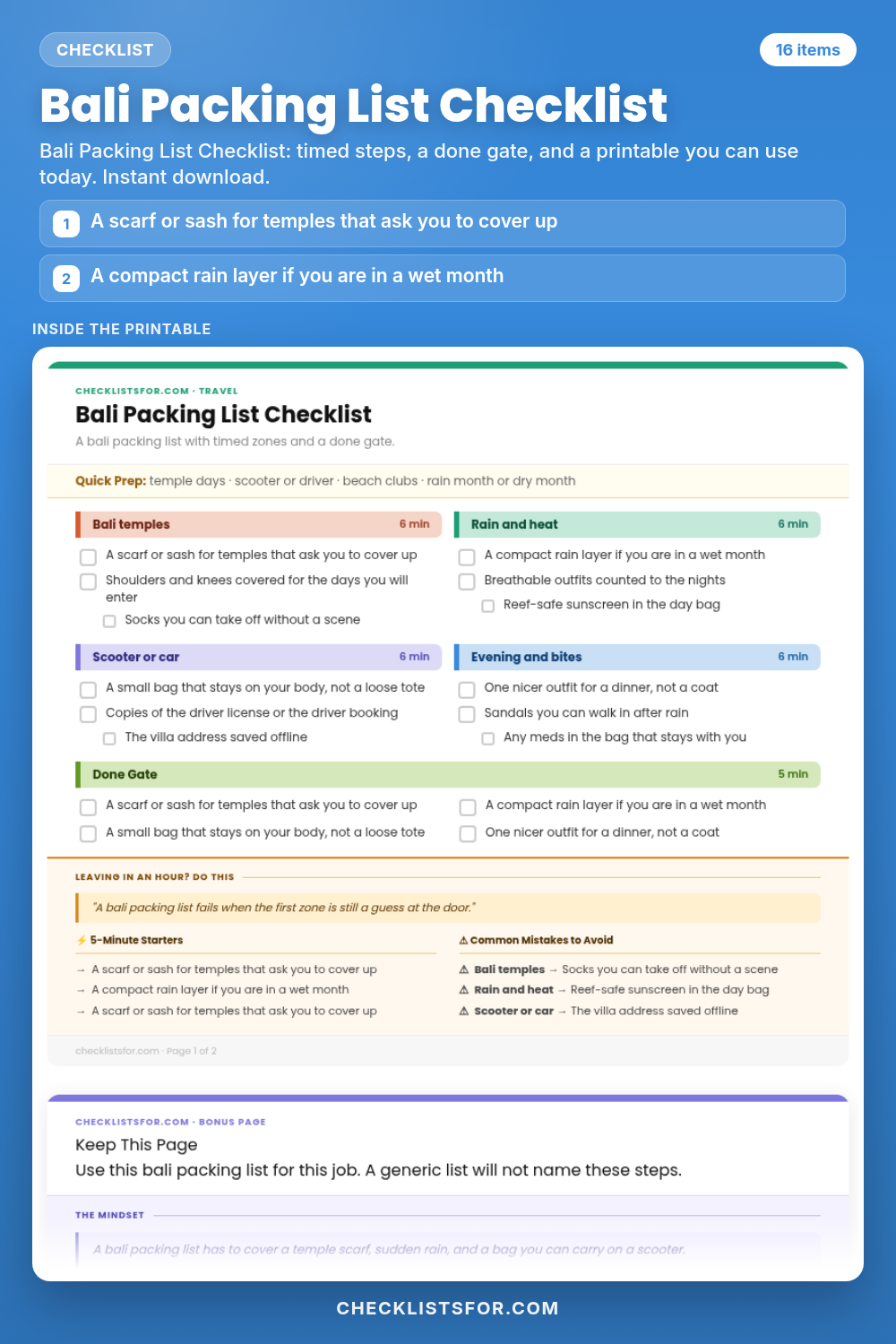 Bali Packing List Checklist cover, interactive checklist