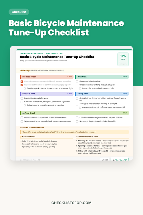 Basic Bicycle Maintenance Tune-Up Checklist cover, bike safety tracker