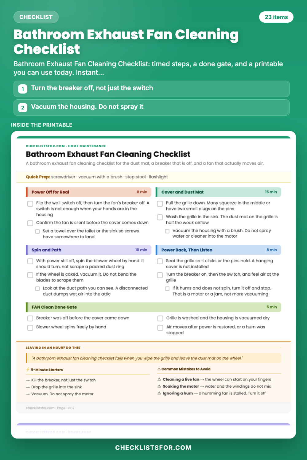 Bathroom Exhaust Fan Cleaning Checklist cover, interactive checklist