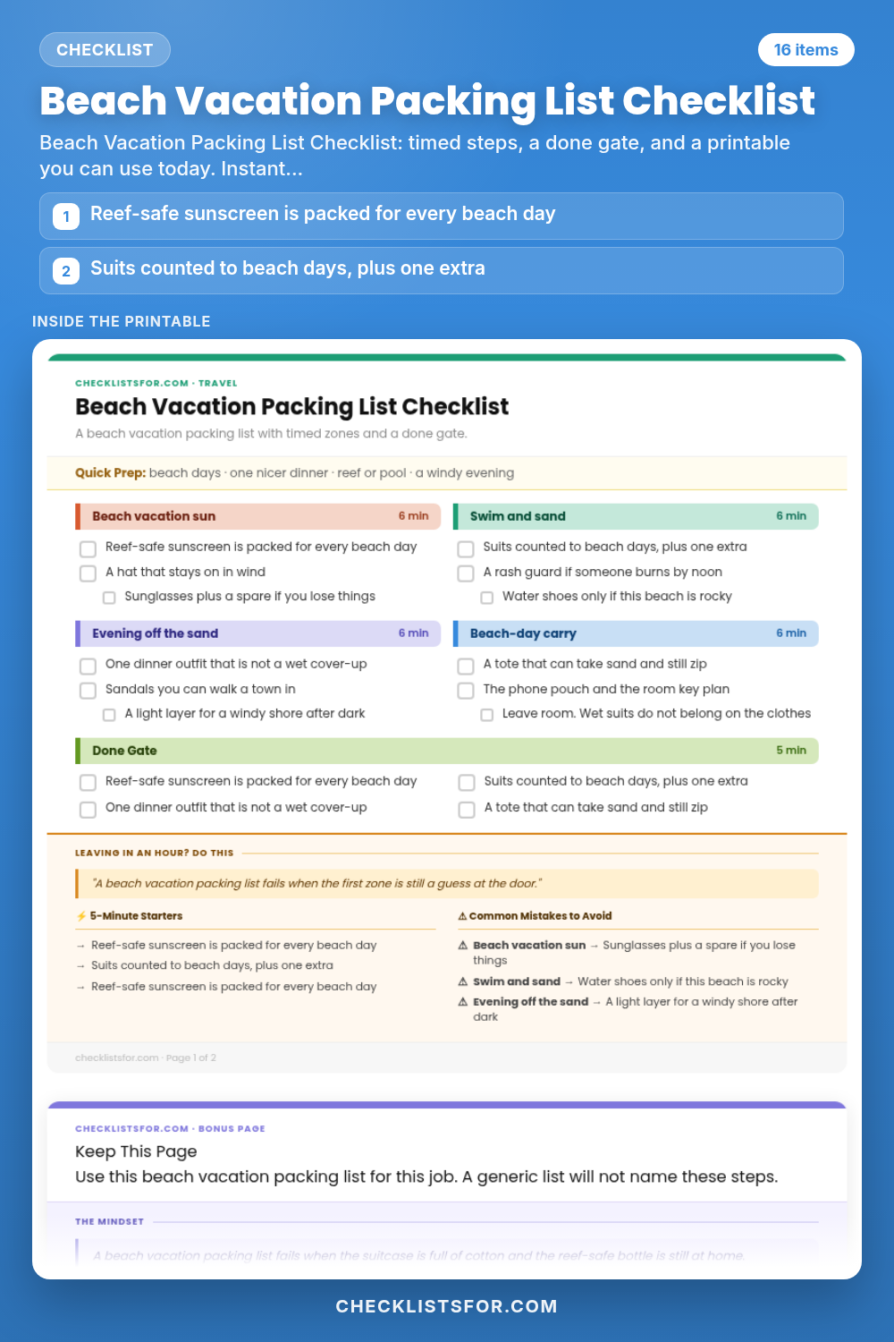 Beach Vacation Packing List Checklist cover, interactive checklist