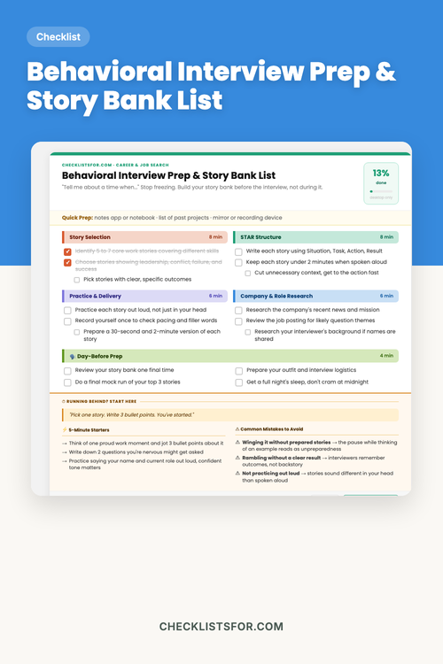 Behavioral Interview Prep & Story Bank List cover, interactive checklist