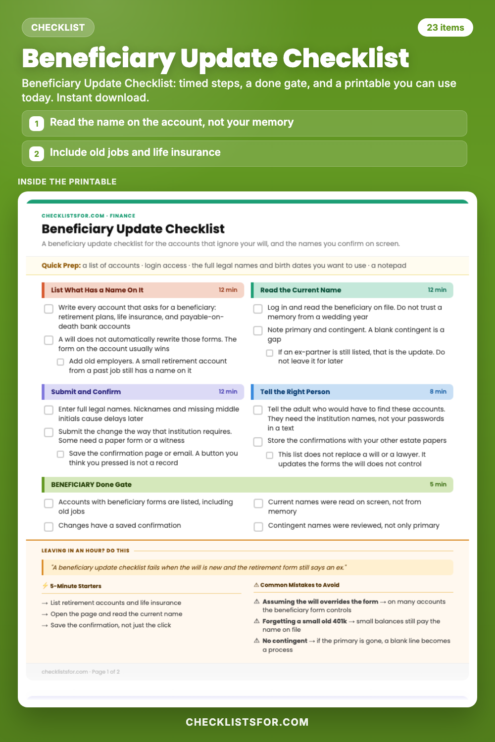 Beneficiary Update Checklist cover, interactive checklist