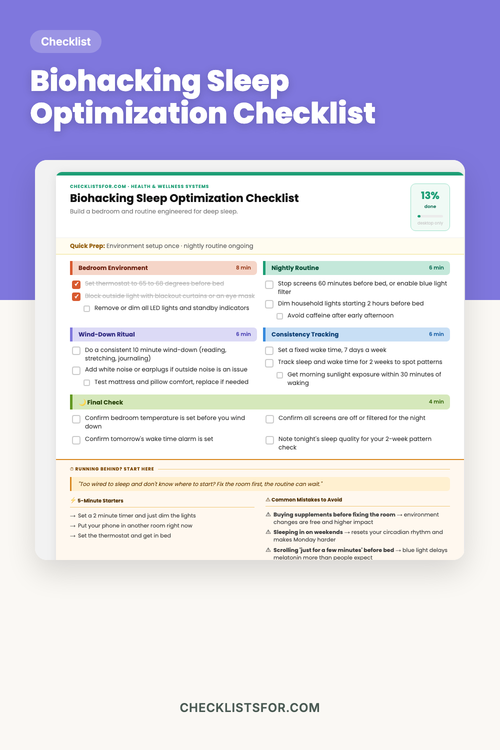 Biohacking Sleep Optimization Checklist cover, bedroom sanctuary setup