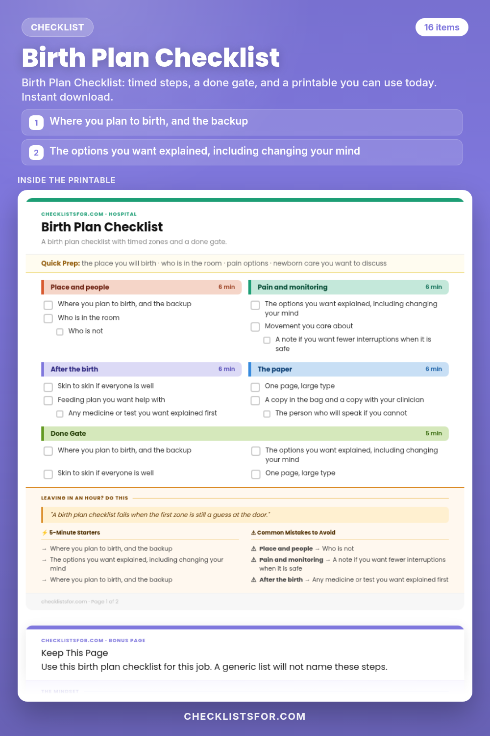 Birth Plan Checklist cover, interactive checklist