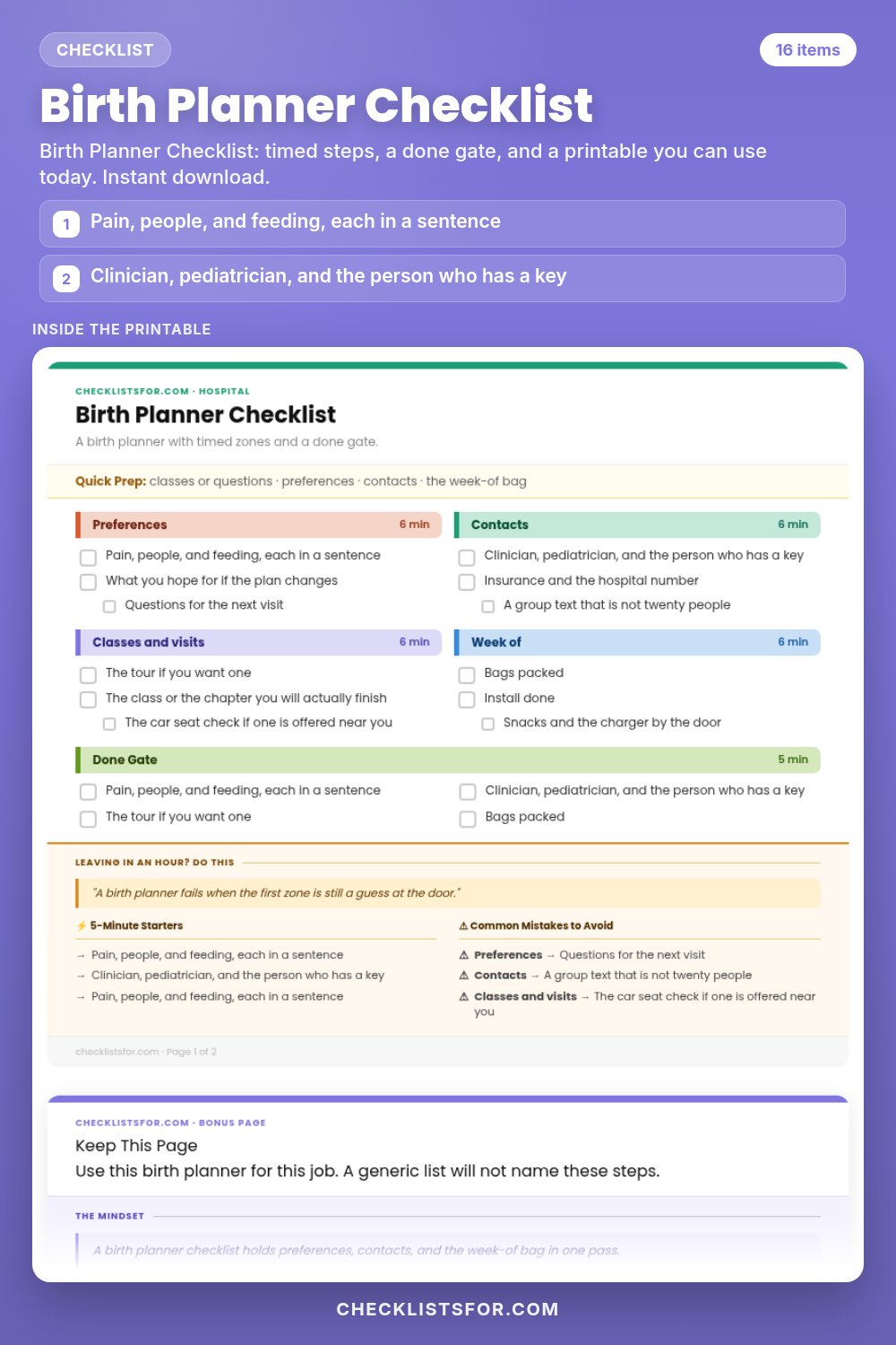 Birth Planner Checklist cover, interactive checklist