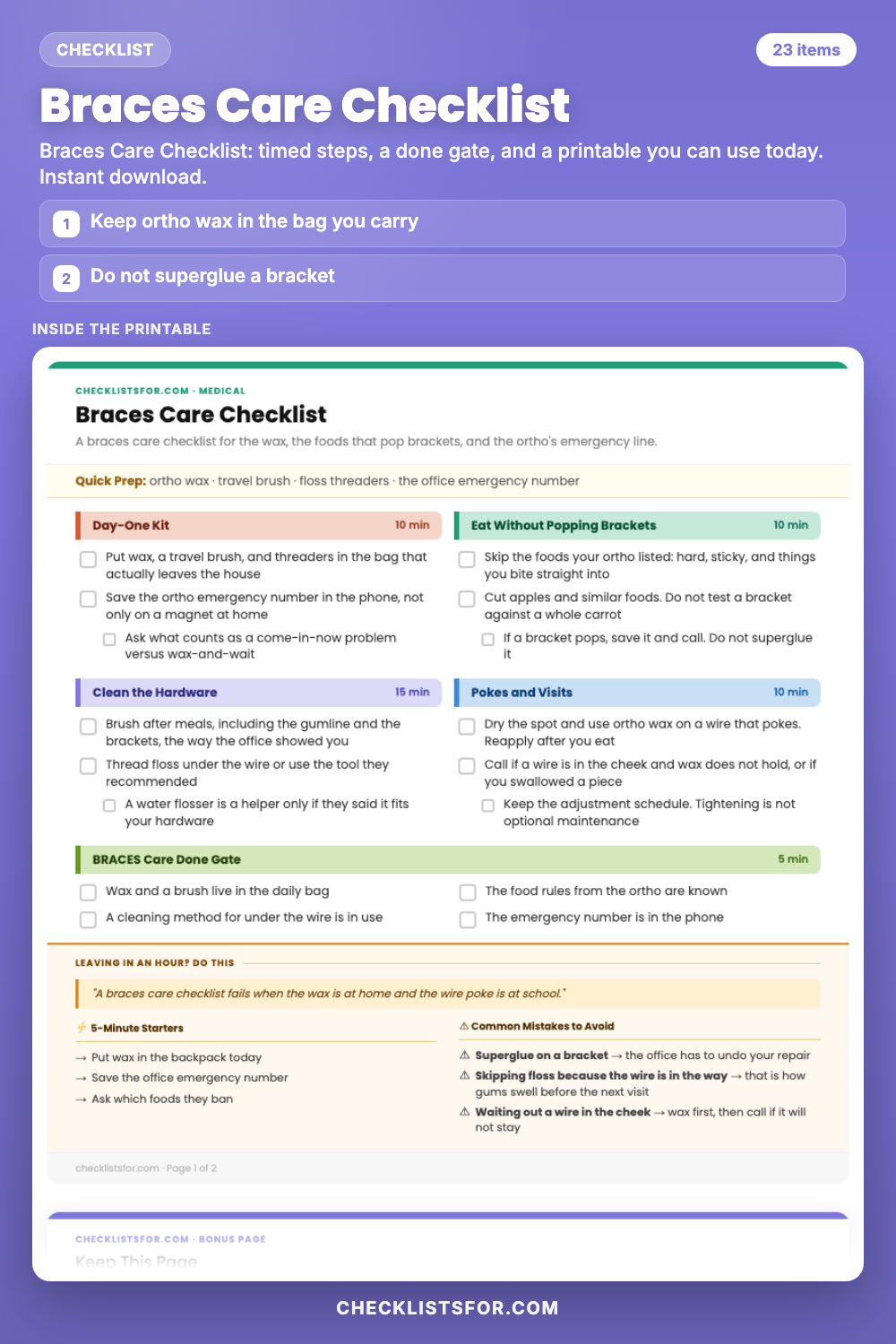 Braces Care Checklist cover, interactive checklist