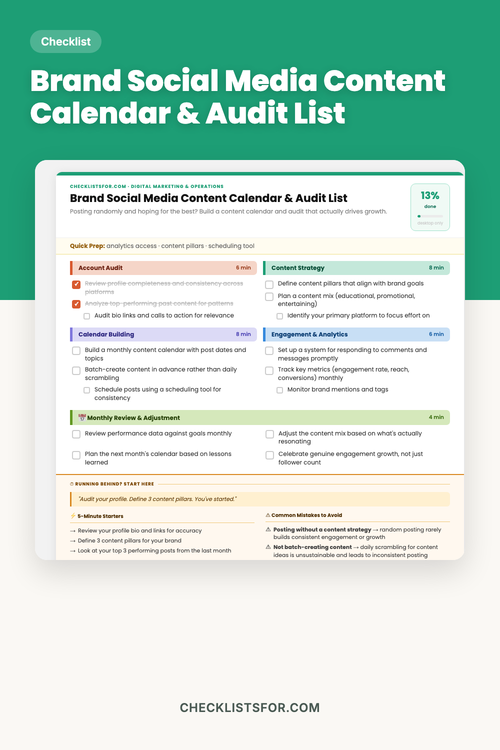 Brand Social Media Content Calendar & Audit List cover, interactive checklist