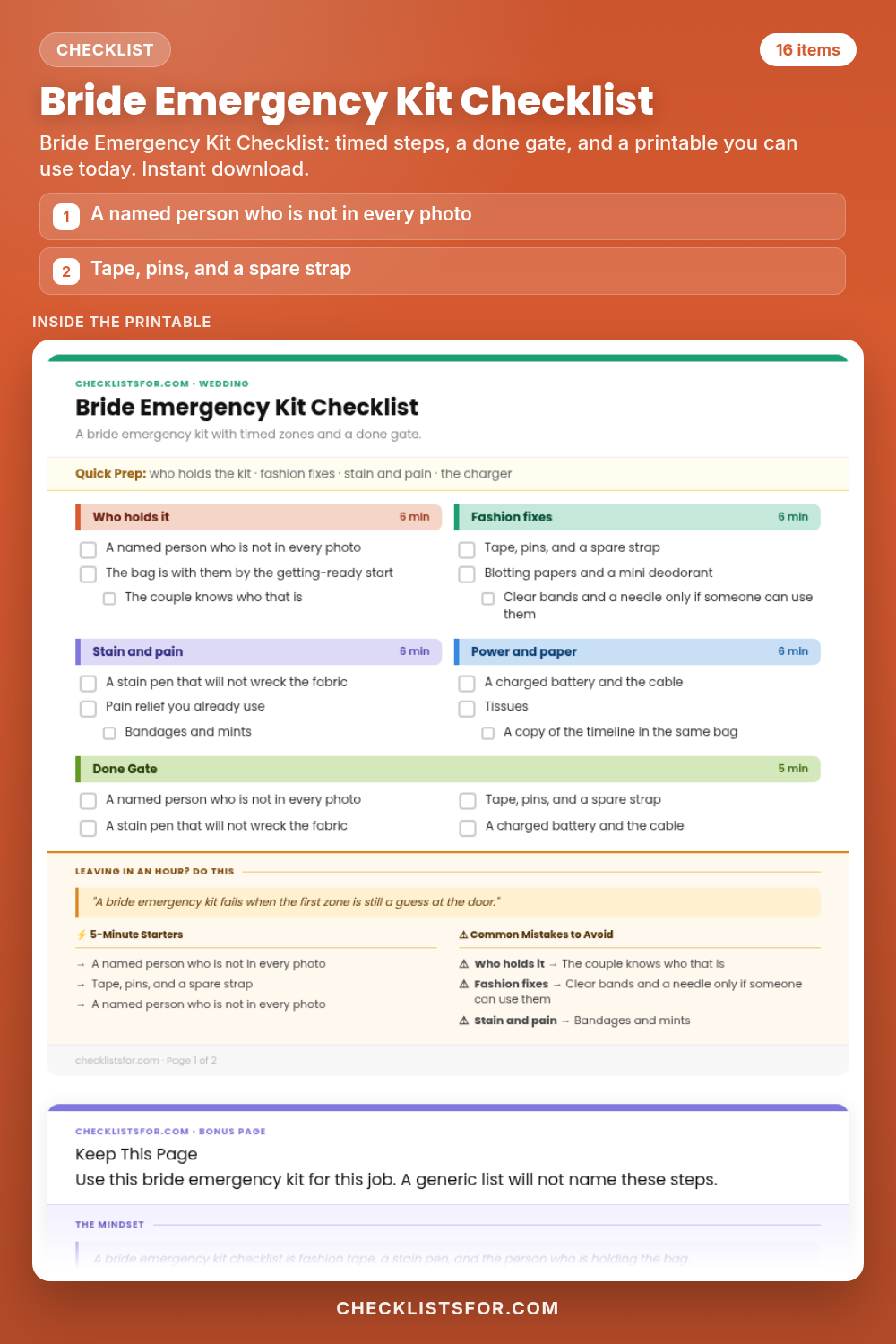 Bride Emergency Kit Checklist cover, interactive checklist