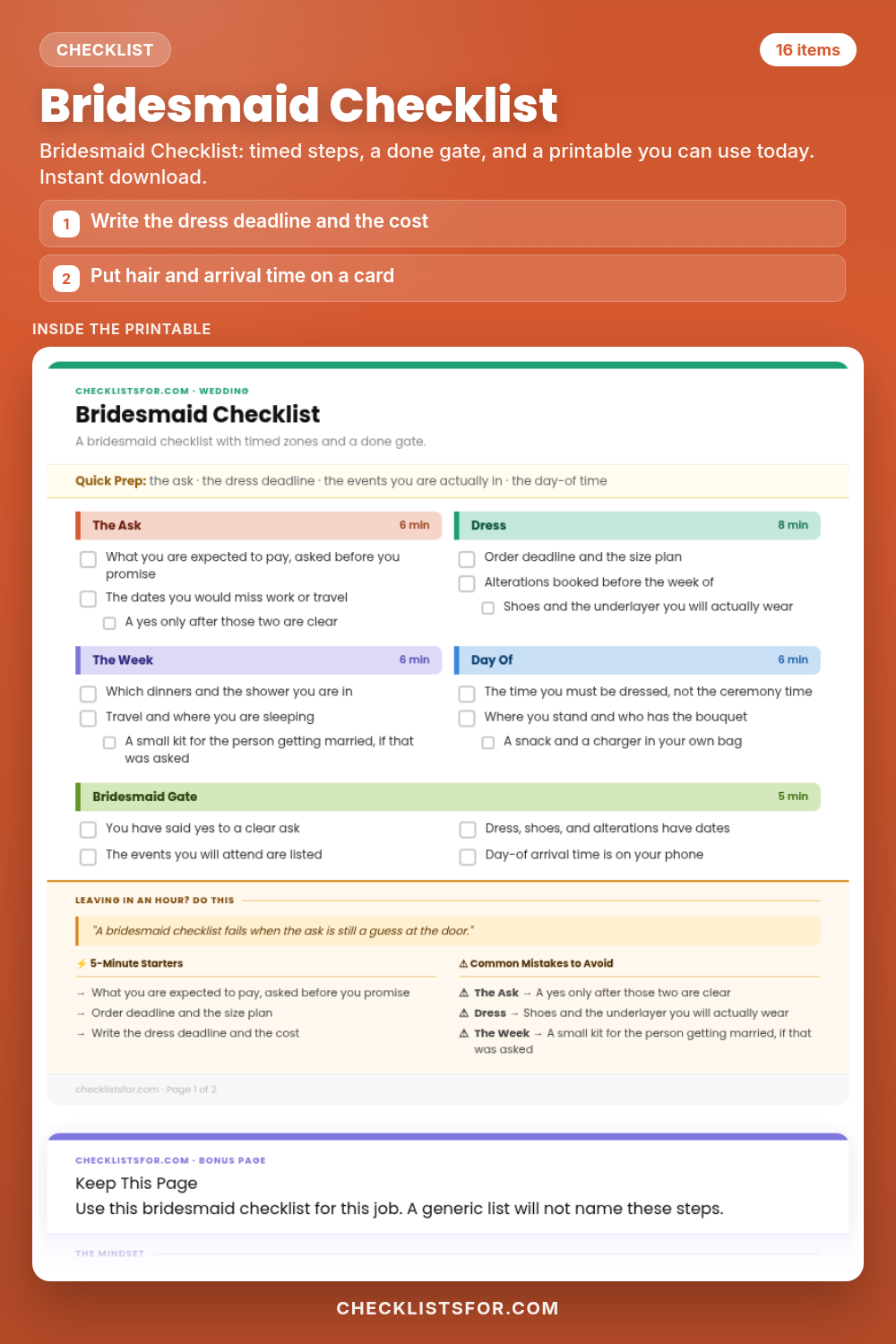 Bridesmaid Checklist cover, interactive checklist