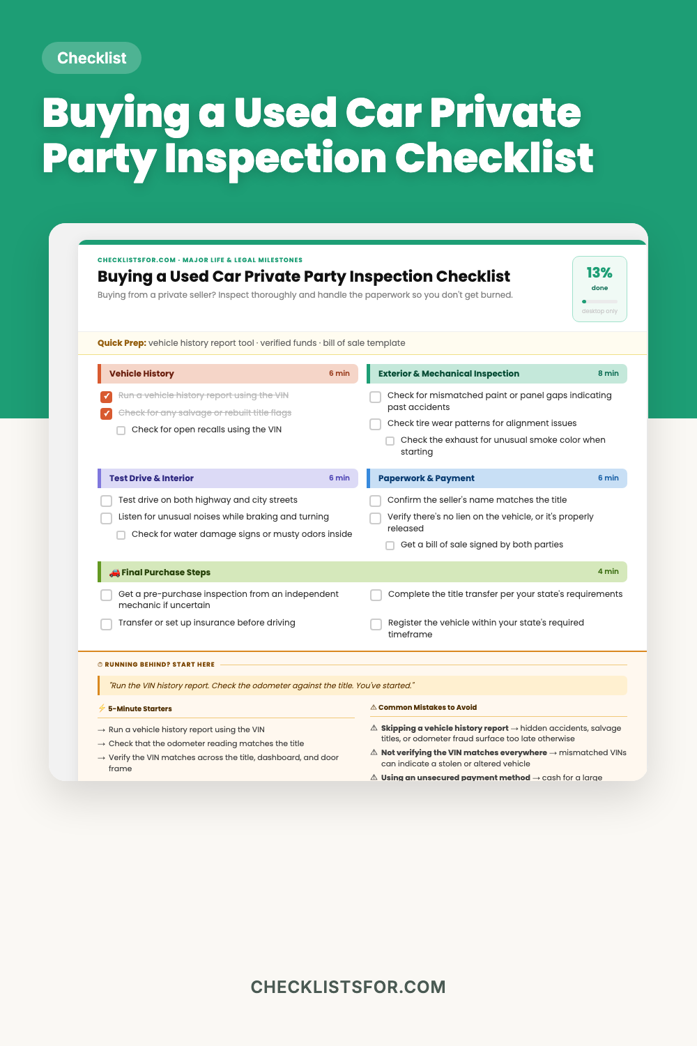 Buying a Used Car Private Party Inspection Checklist