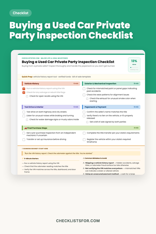 Buying a Used Car Private Party Inspection Checklist cover, interactive checklist