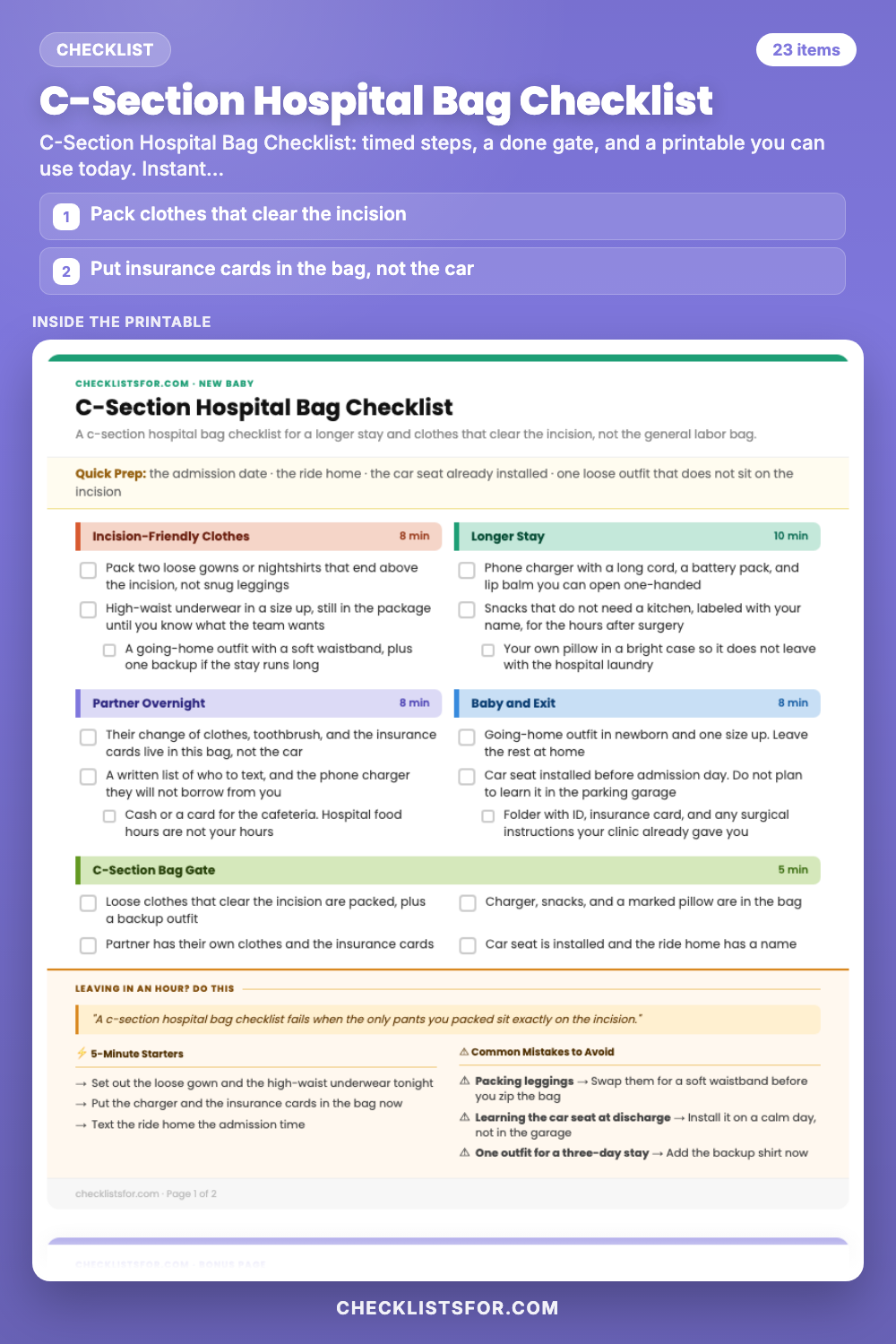 C-Section Hospital Bag Checklist cover, interactive checklist
