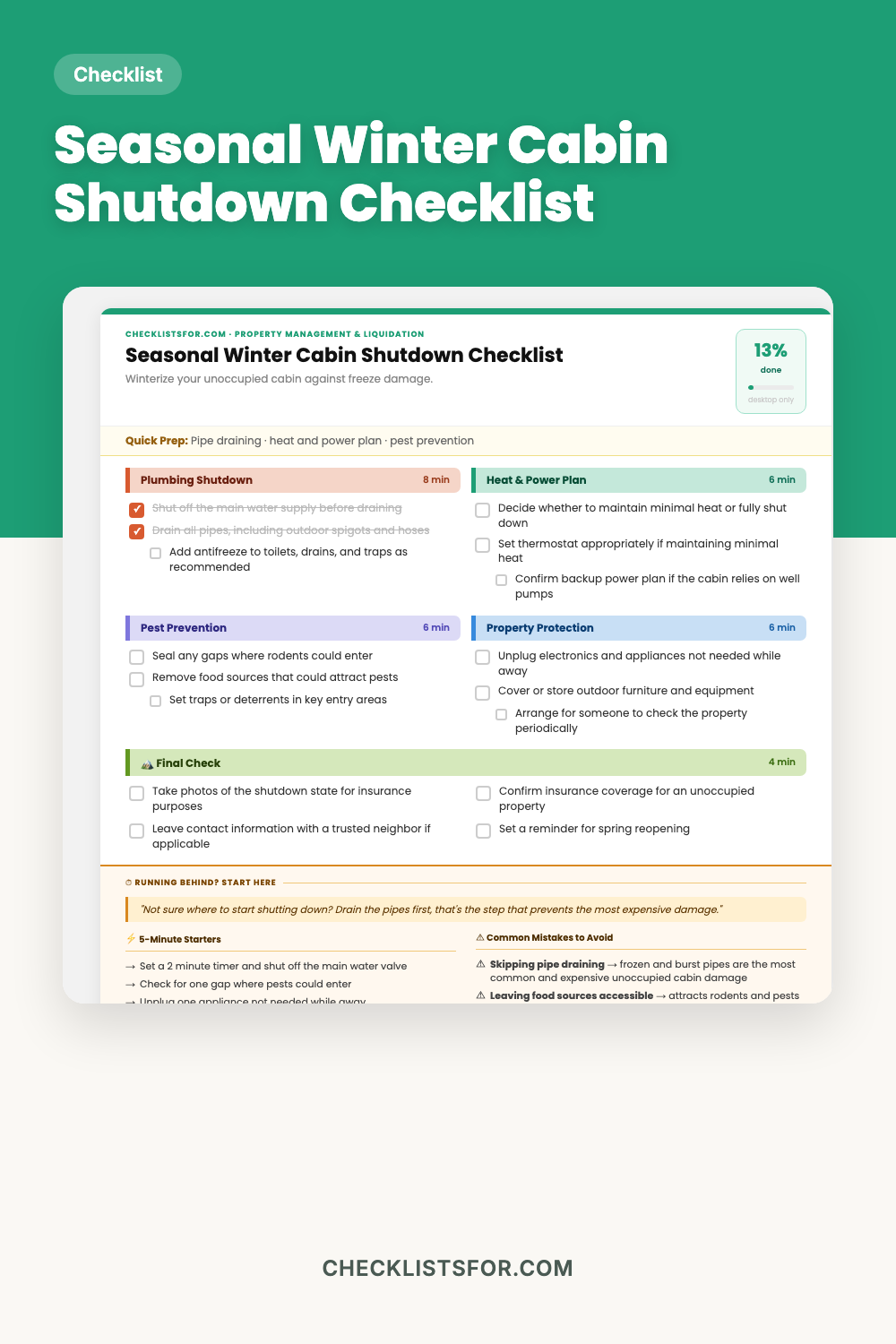 Seasonal Winter Cabin Property Shutdown & Pipe Drainage Plan Checklist cover