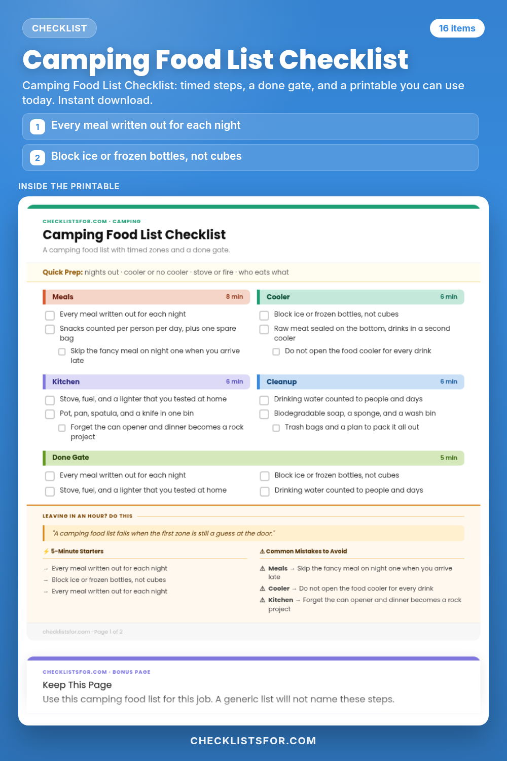 Camping Food List Checklist cover, interactive checklist